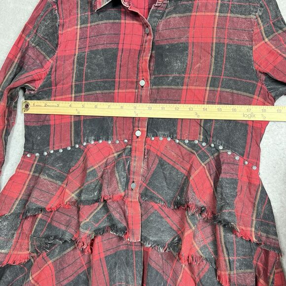 Zara Shirt Womens Medium Red & Black Plaid Button Up High Low Stud Accent Ruffle - Picture 6 of 11